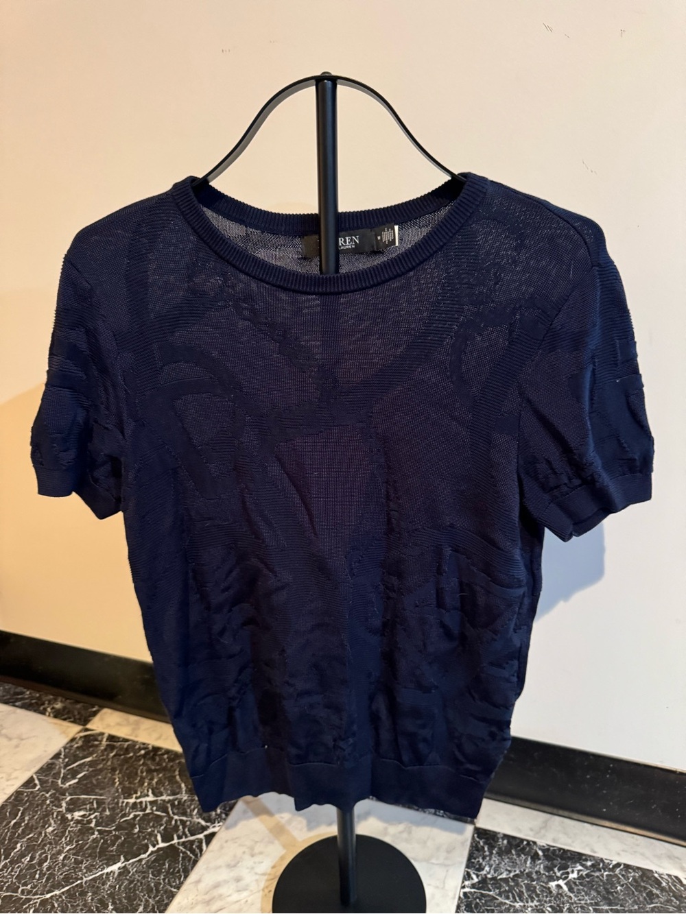 Lauren Ralph Lauren Belting Motif Short Sleeve Sweater Navy M Equestrian Knit - Picture 2 of 11